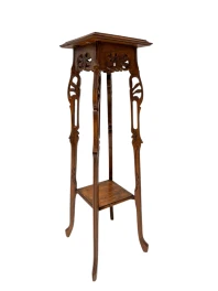 Art Nouveau Pedestal Plant Stand, Hand-Carved Beech & Marble, 1900s